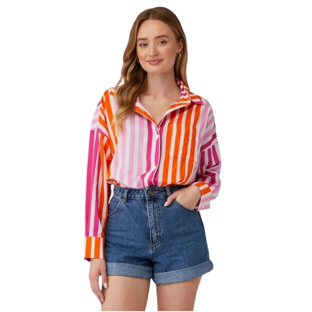 Beach Riot Alexa CoverUp Shirt Sunset Stripe Long Sleeve Button Top Small Medium - Picture 9 of 9